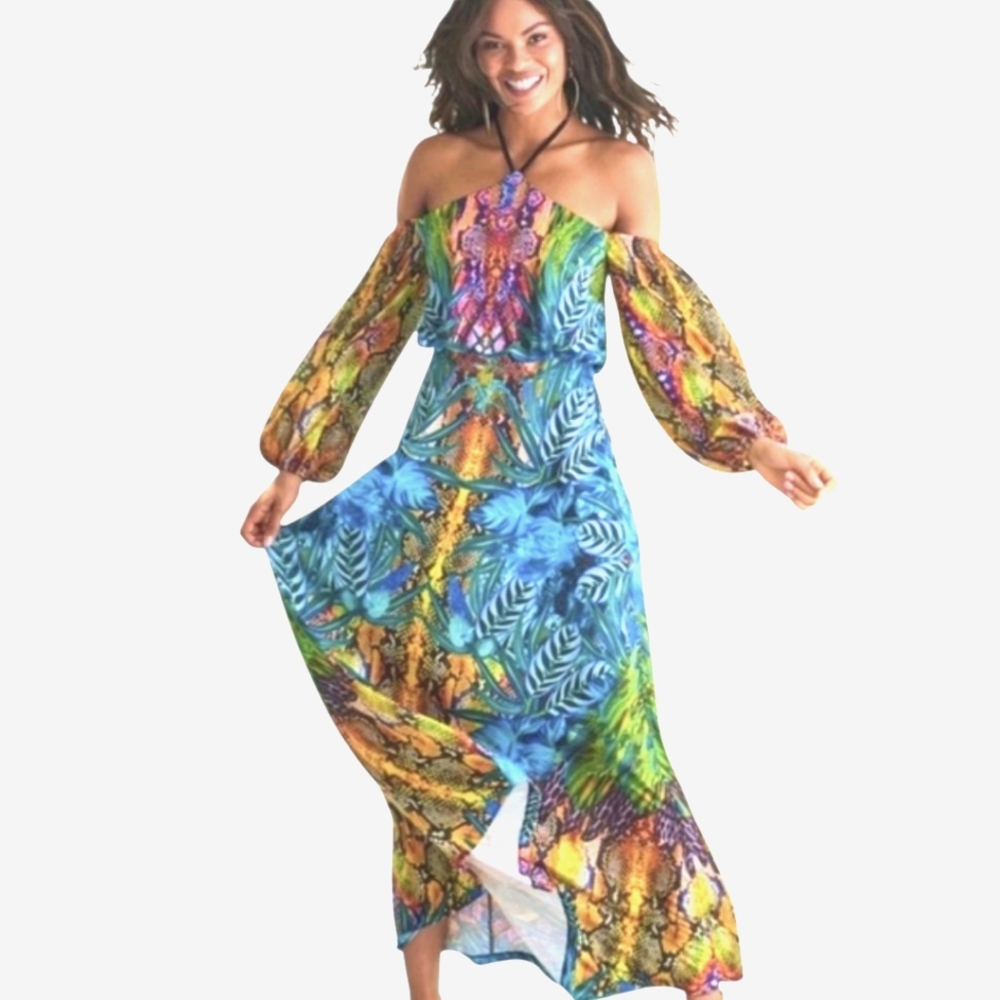 Venus Maxi Dress Medium Off Shoulder Animal/Floral Print STUNNER!!! EUC